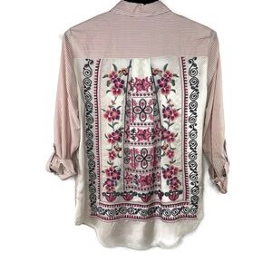 John Mark Cream and Pink Graphic Boxy Button Down Shirt with Button long sleeve